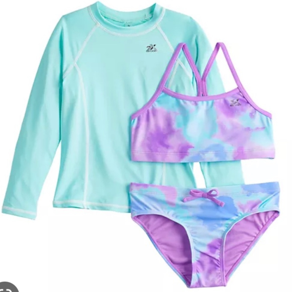 Zeroxposur 3 piece swimsuit with long sleeve rashguard size 14